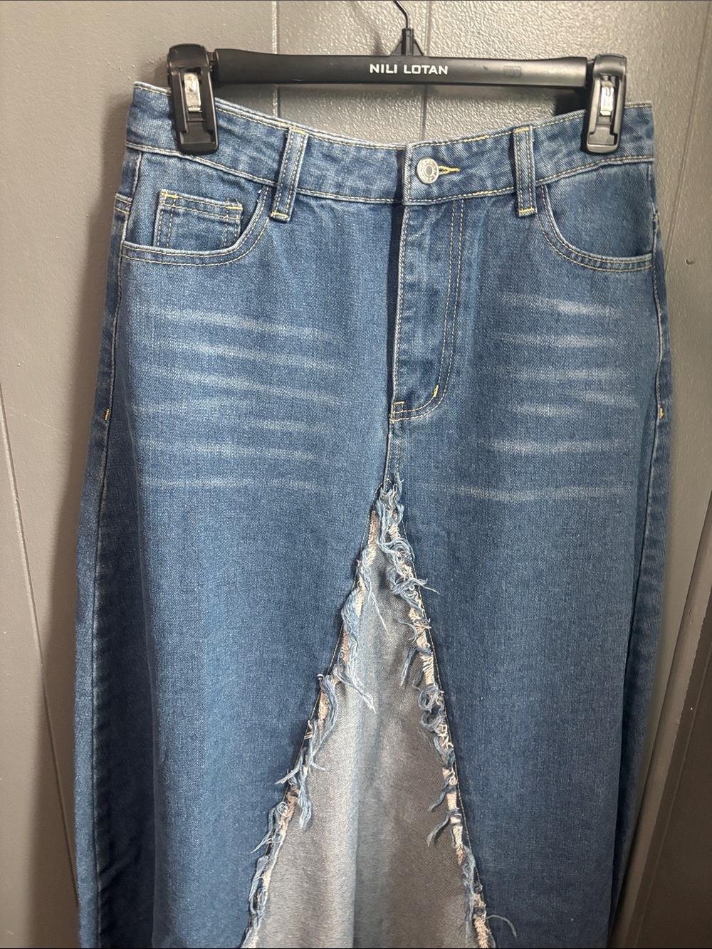 Denim A-Line Maxi Skirt with Frayed Front Slit - Blue 28” waist - Picture 3 of 9